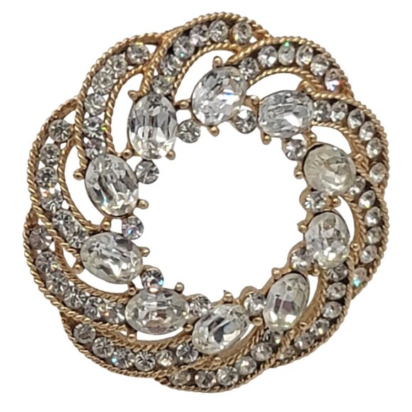 Crown Trifari Vintage Brooch Pin Gold Rhinestone - Picture 1 of 8